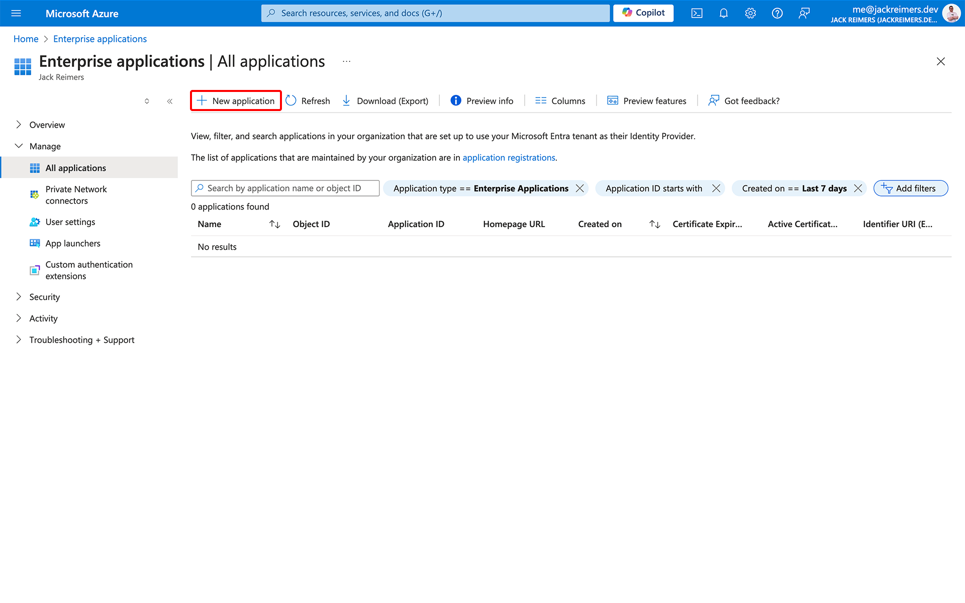 The Azure Entra ID portal &#39;Enterprise applications&#39; screen with the &#39;New application&#39; button highlighted