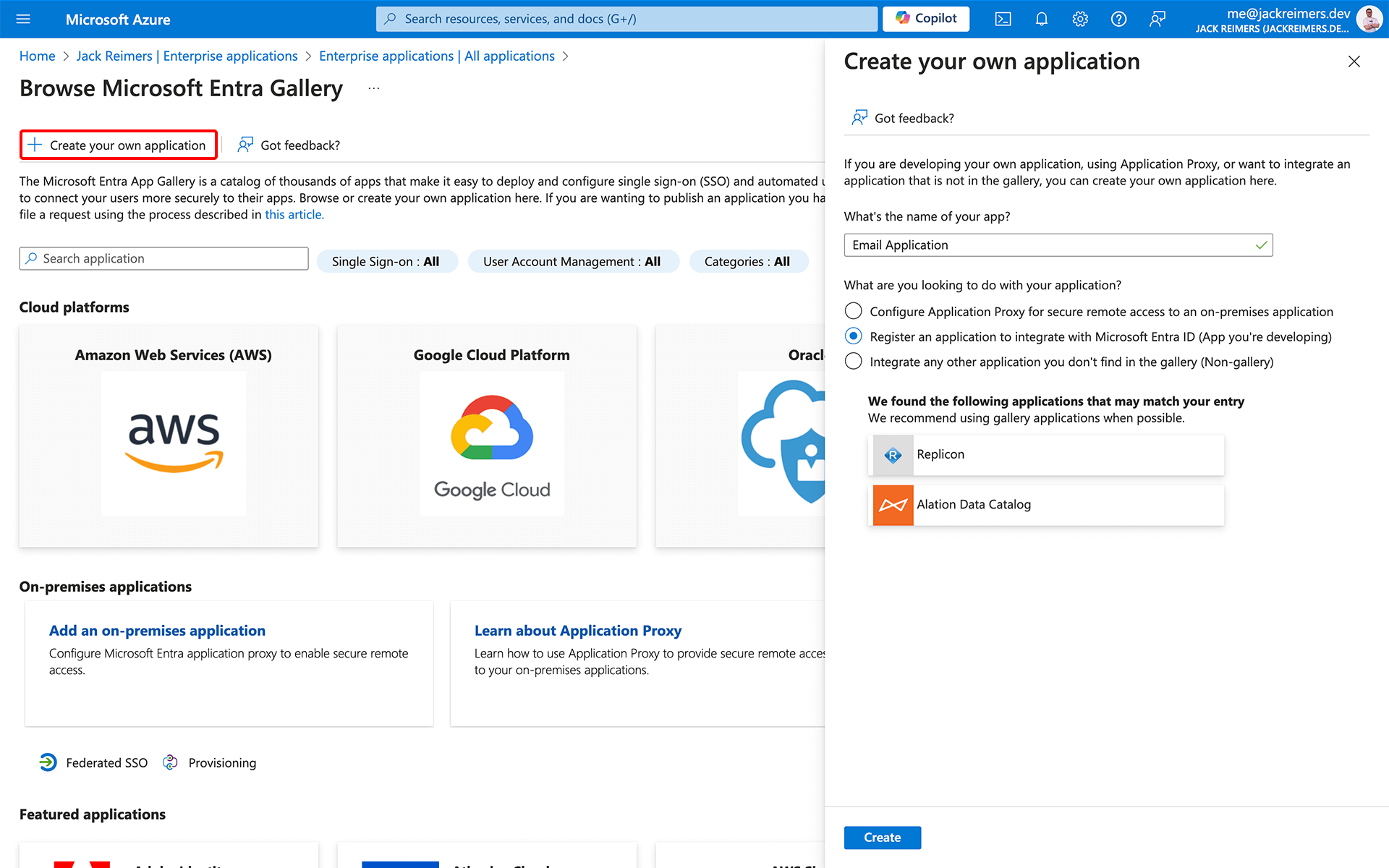 The &#39;Microsoft Entra Gallery&#39; screen with the &#39;Create your own application&#39; button highlighted and the create dialog open