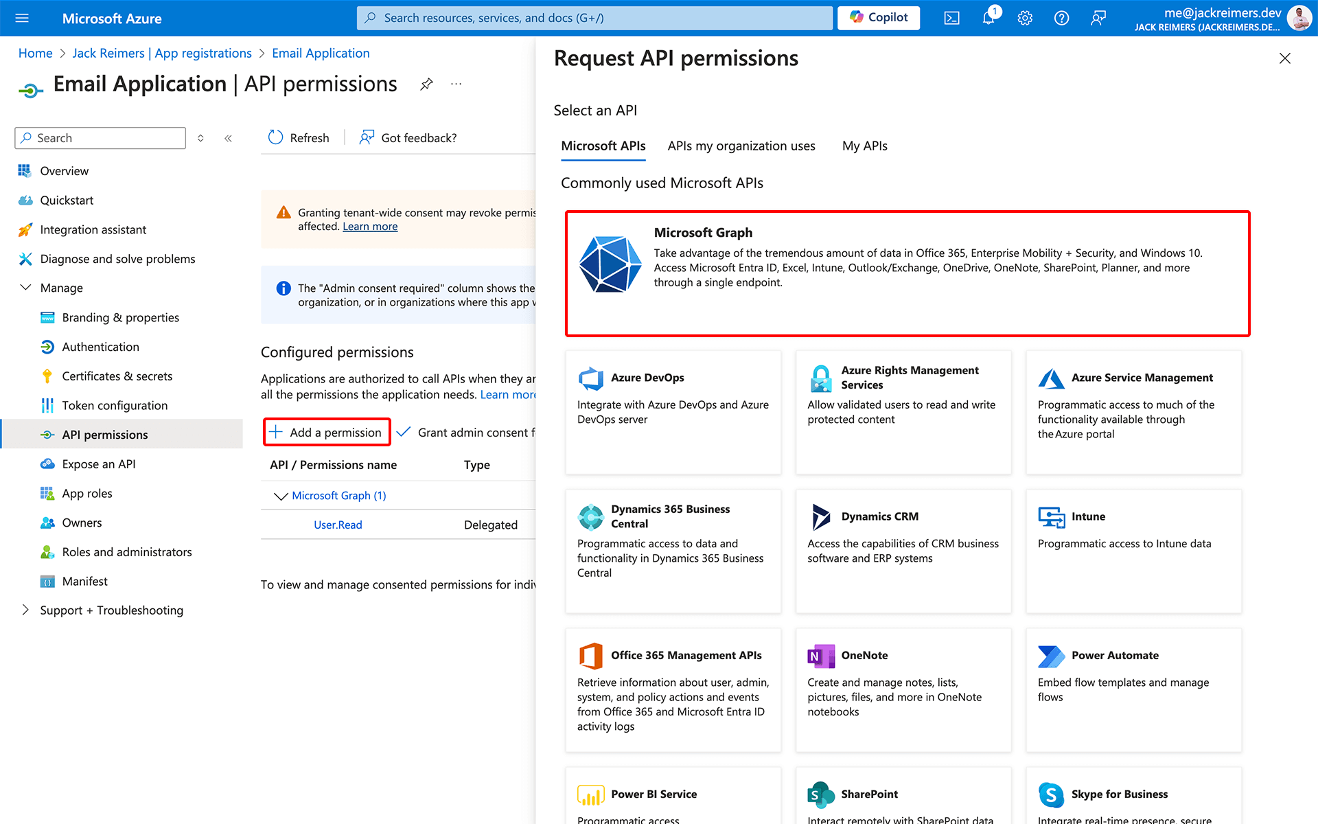 The &#39;API permissions&#39; screen under the app registration with the &#39;Add a permission&#39; and &#39;Microsoft Graph&#39; buttons highlighted