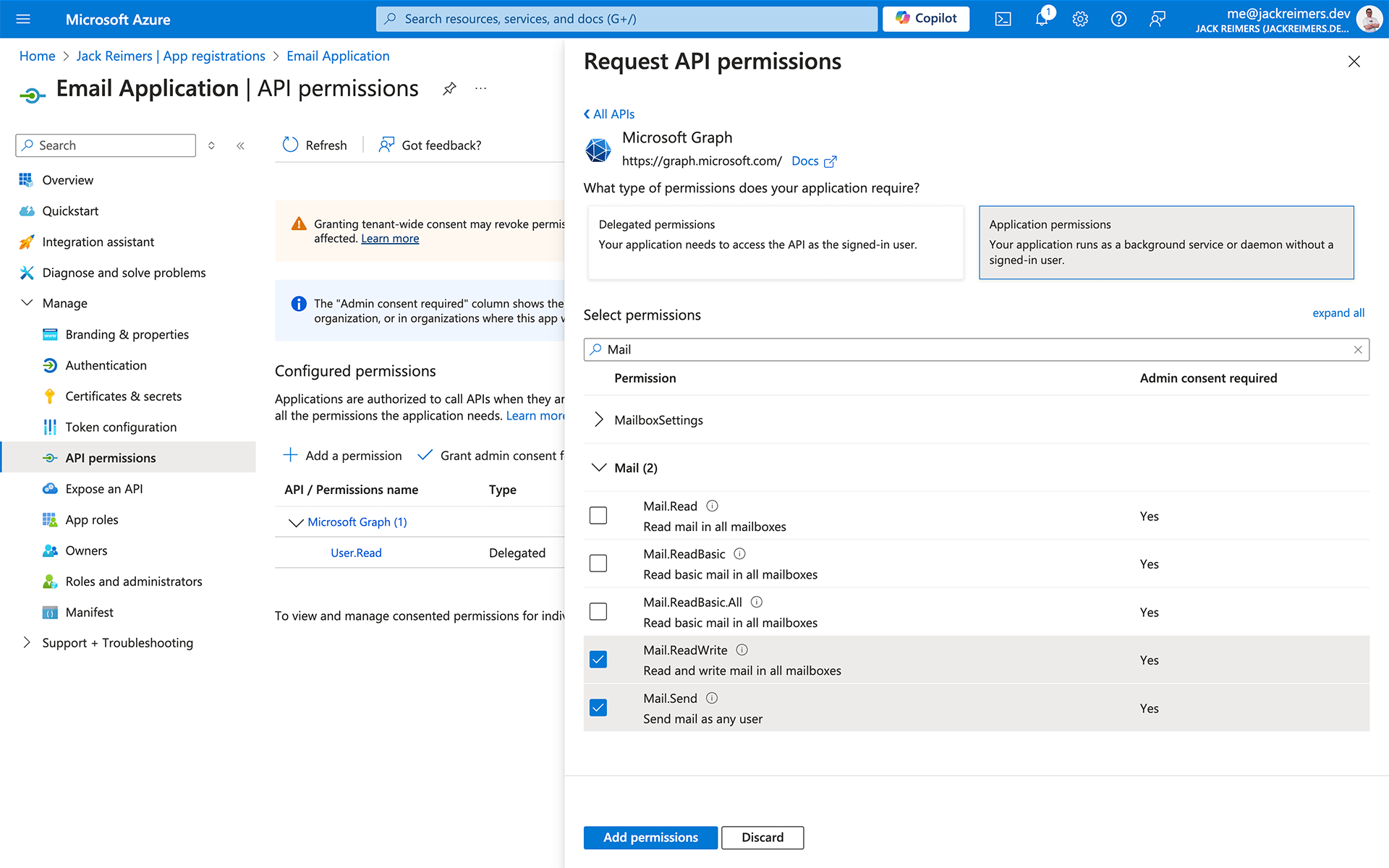 The settings screen for the Microsoft Graph API permission