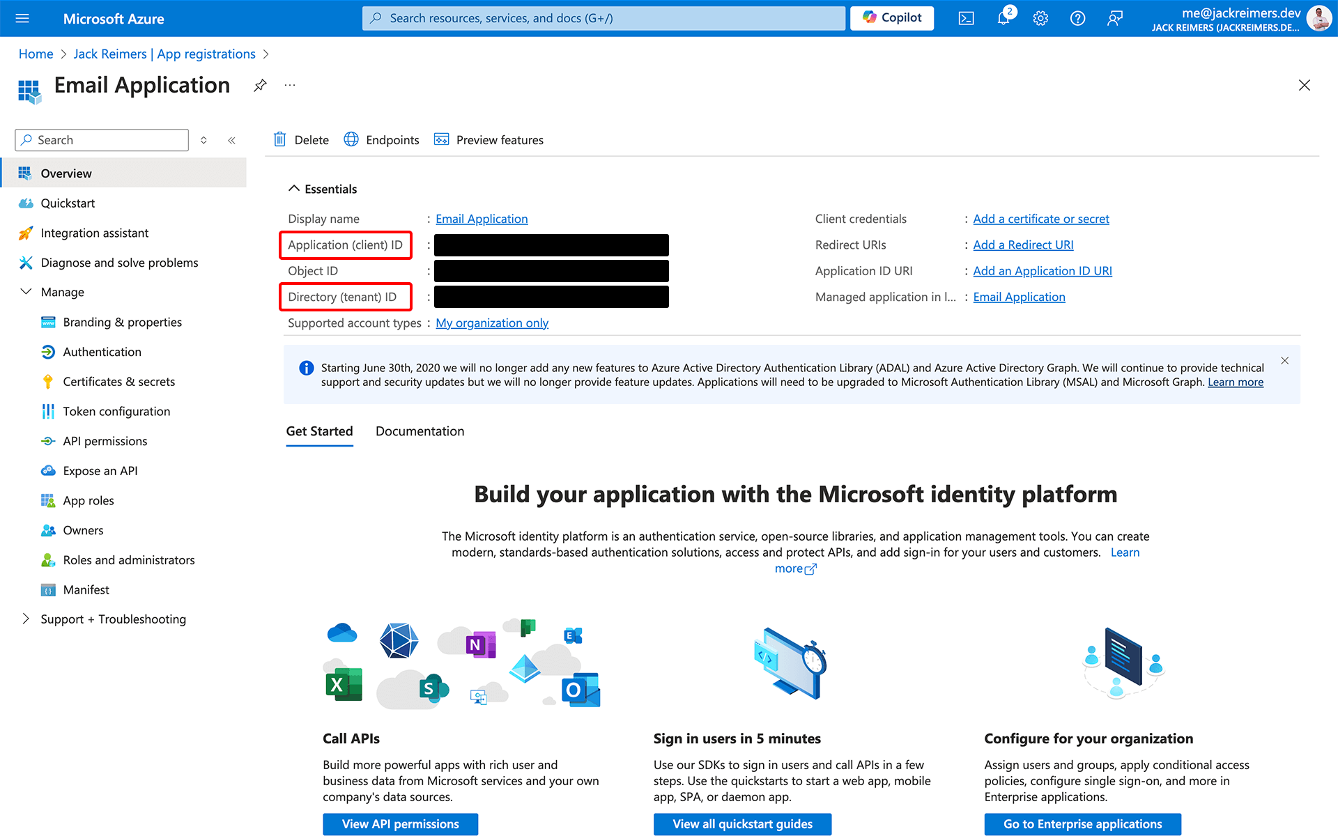 The app registration overview screen with the &#39;Application (client) ID&#39; and &#39;Directory (tenant) ID&#39; fields highlighted